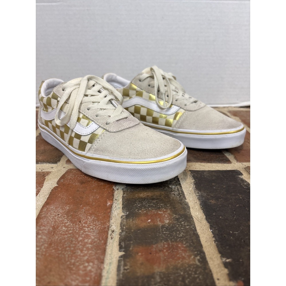 VANS Old Skool Gold & Cream Suede/Canvas Checkerboard Skate Shoes Womens 8